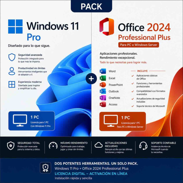 Licencia Windows 11 PRO + Office 2024 PRO PLUS para 1 PC