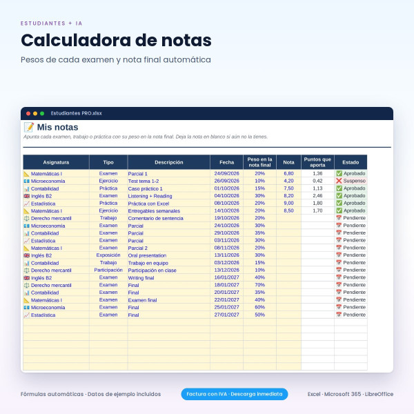 Calculadora de Notas en Excel para Estudiantes + Tutor IA