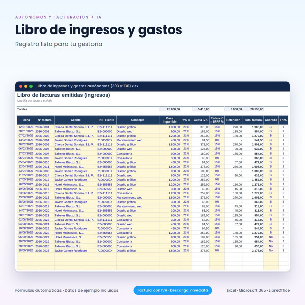 Plantilla Excel Autónomos: Factura, IVA, IRPF, 303 y 130