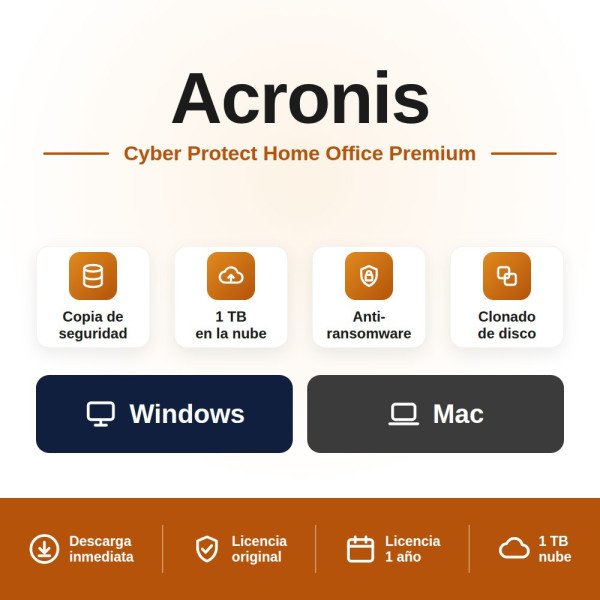 Acronis Cyber Protect Home Office Premium para PC/MAC + 1 TB almacenamiento en la nube - 1 año