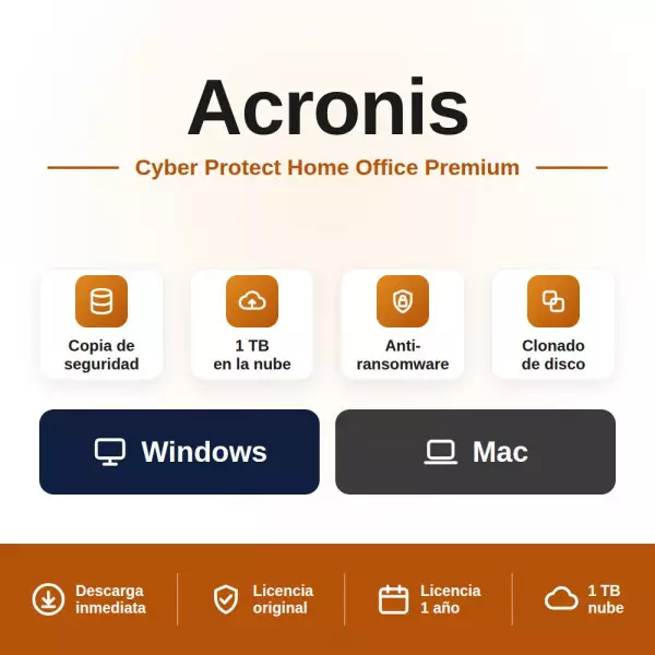 Acronis Cyber Protect Home Office Premium para PC/MAC + 1 TB almacenamiento en la nube - 1 año