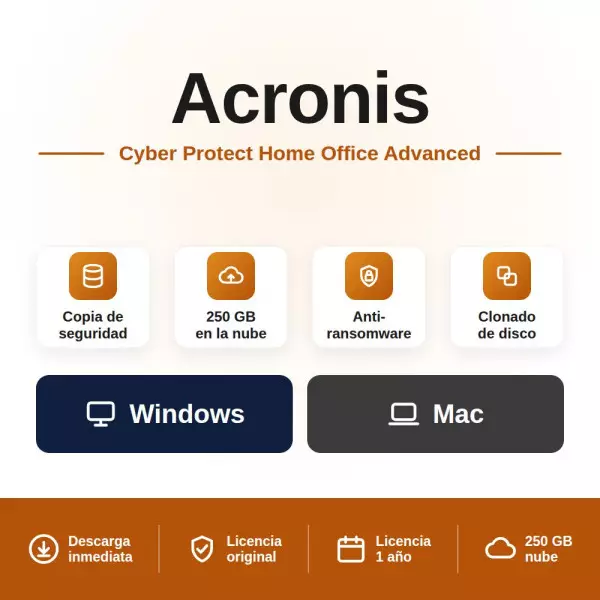 Acronis Cyber Protect Home Office Advanced para PC/MAC + 250 Gb de almacenamiento en la nube - 1 año