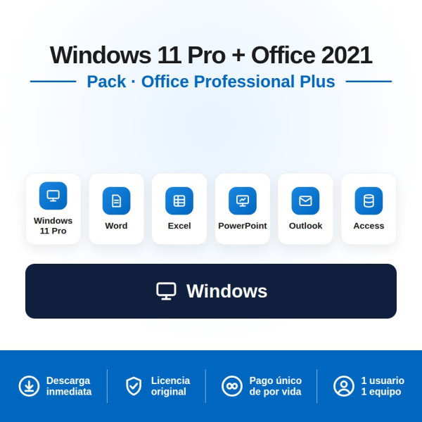 Licencia Windows 11 PRO + Office 2021 PRO PLUS para 1 PC