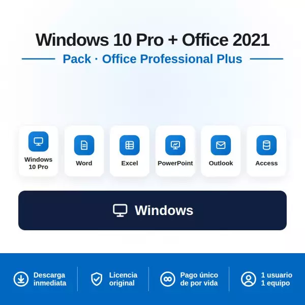 Licencia Windows 10 PRO + Office 2021 PRO PLUS para 1 PC