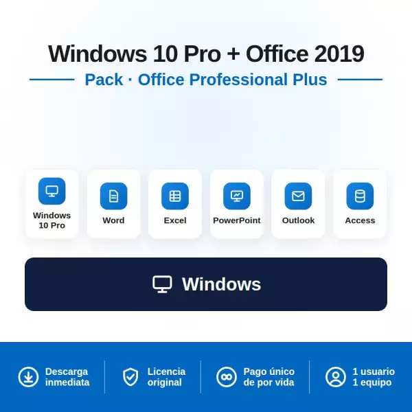 Licencia Windows 10 PRO + Office 2019 PRO PLUS para 1 PC