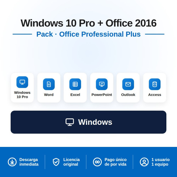 Licencia Windows 10 PRO + Office 2016 PRO PLUS para 1 PC