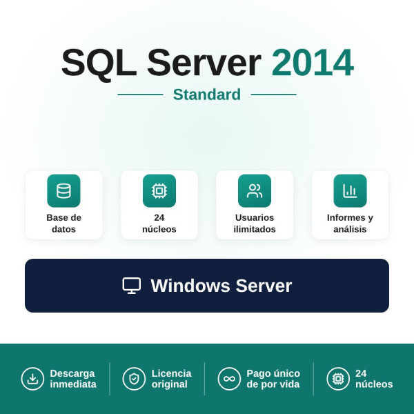 Licencia Microsoft SQL Server 2014 Standard - 16 cores - Usuarios Ilimitados
