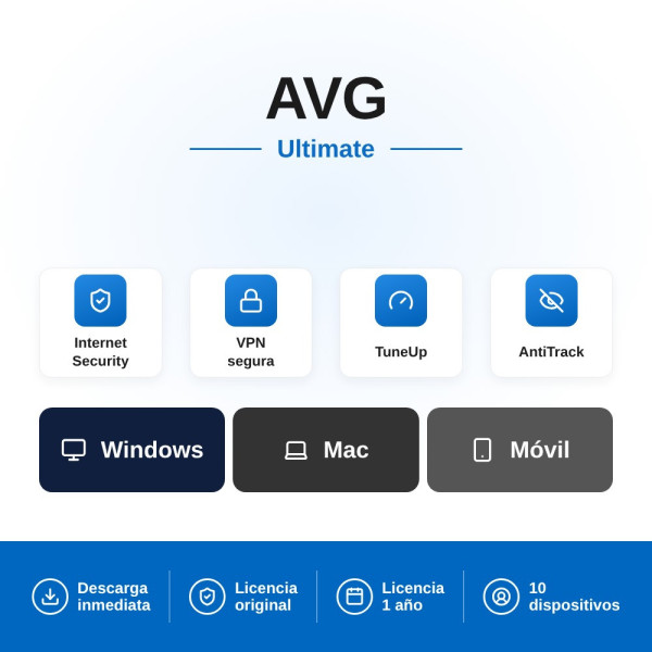 AVG Ultimate - 10 Dispositivos 1 Año (Internet Security + VPN + TuneUp) Descarga Digital